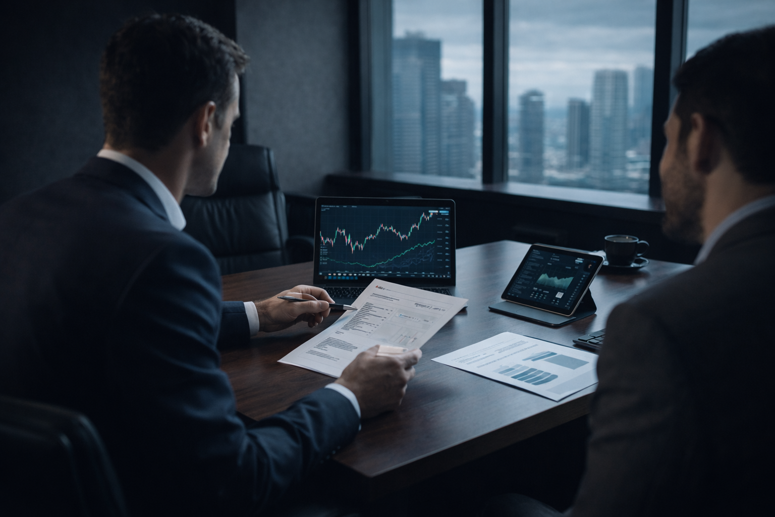 Reunión de asesoramiento financiero con análisis de mercado en oficina